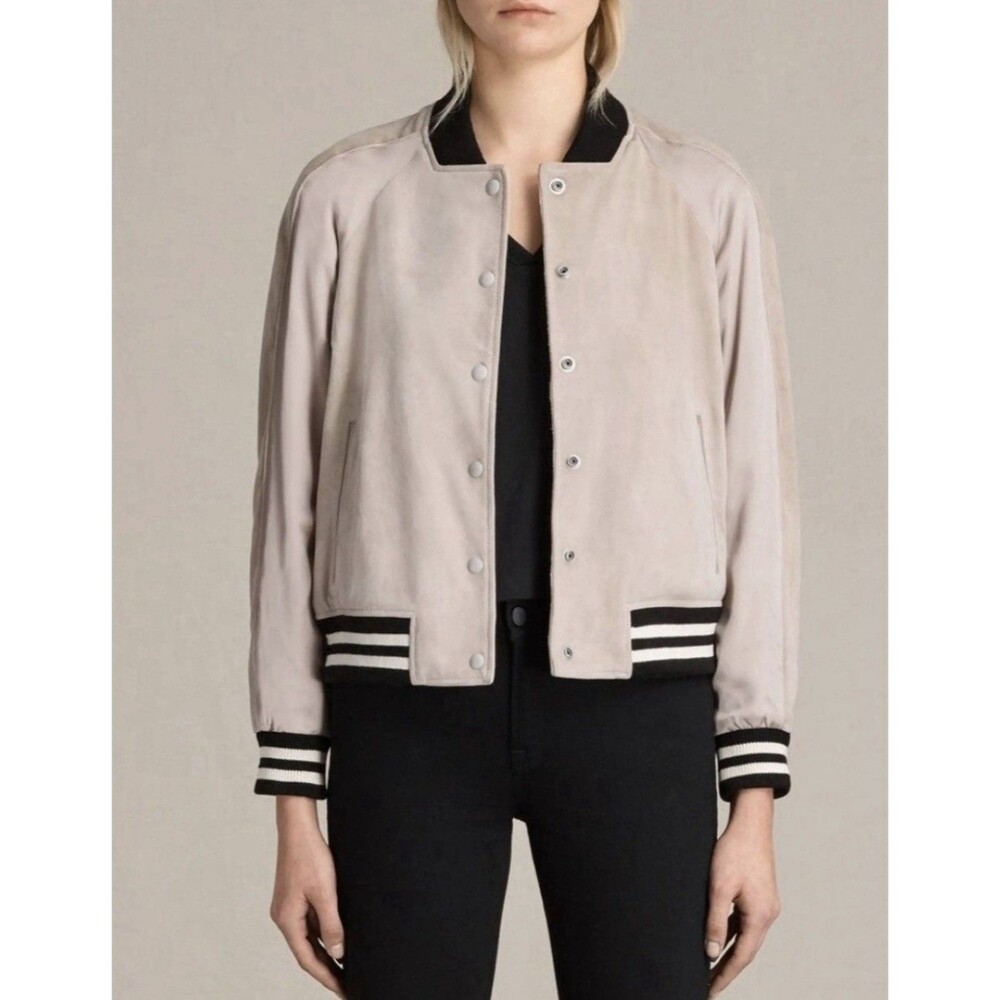 All Saints XS Gresley Suede Satin Bomber Button Up Jacket Pockets Pink/Brown